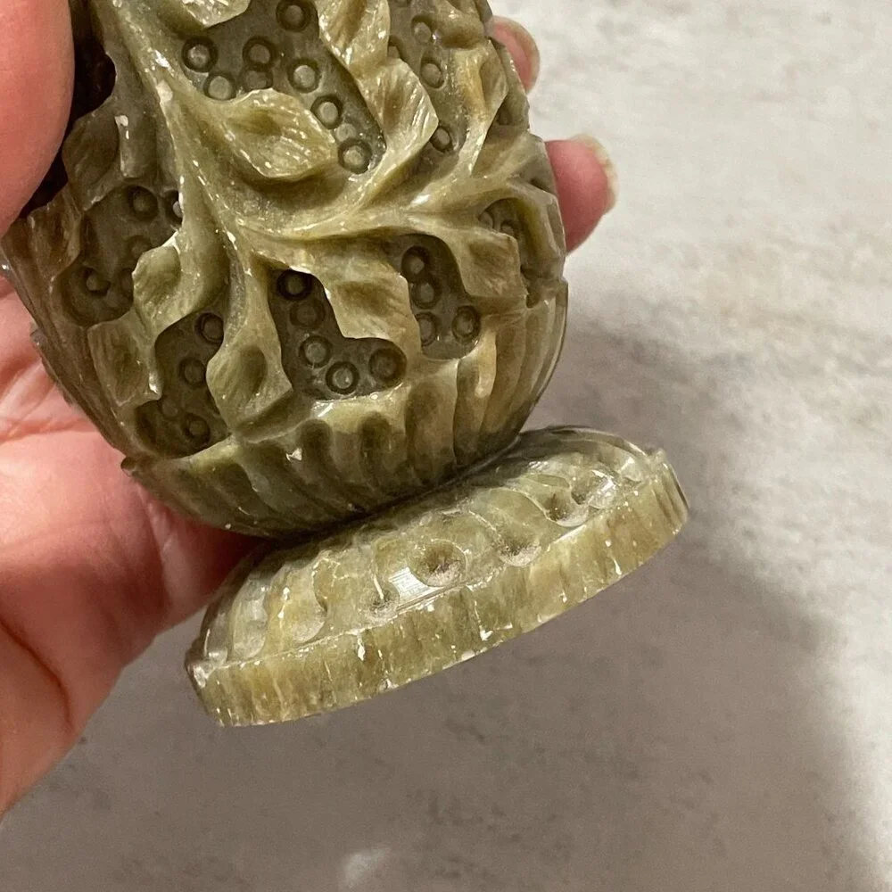 Vintage Pier 1 Carved Green Pink Floral Soapstone Columnar Vases Set of Two 6